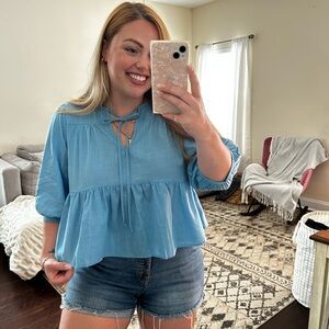 Tie detail peplum top with, 3/4 balloon sleeves, lightweight!